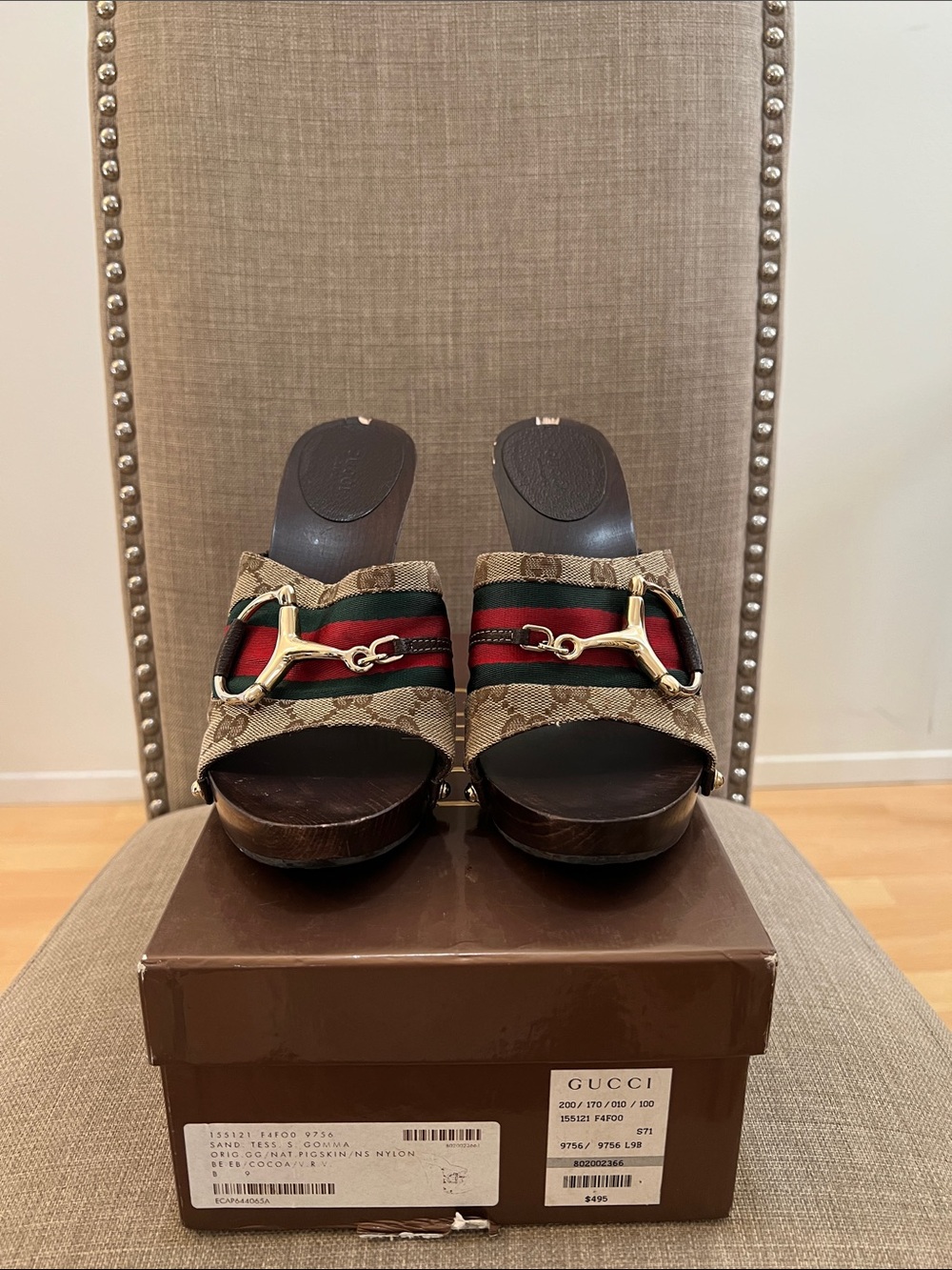 Gucci Beige Monogram Canvas Sandal with Red and Green Web and Gold Horsebit